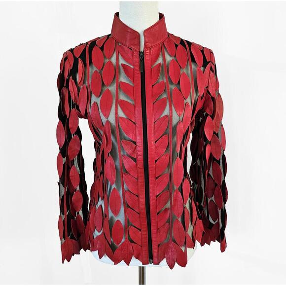 Stillman Studio Leaf Cutout Pattern, Mesh, and Lamb Red Leather Jacket - S - Picture 1 of 7